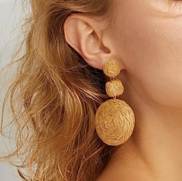 Tan Rafia Earrings Wicker Beach Statement Rattan Big Straw Dangle 80s 90s Retro - Picture 2 of 10